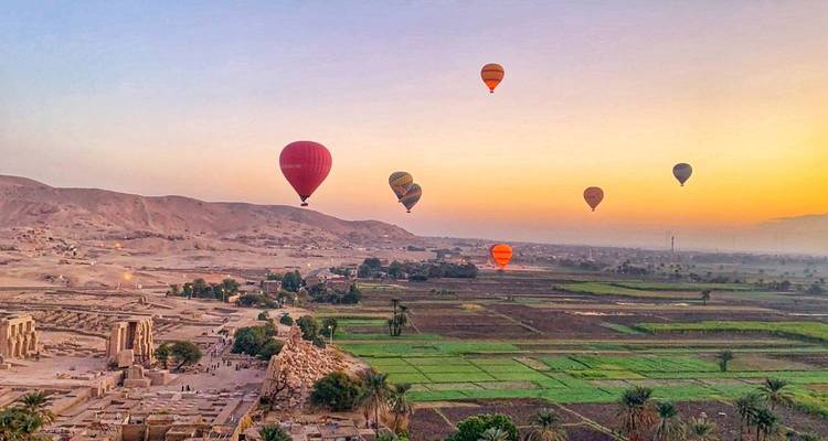 Les ballons à air chaud s'élèvent au-dessus de champs fertiles et de collines lointaines baignées dans les teintes de l'aube.
