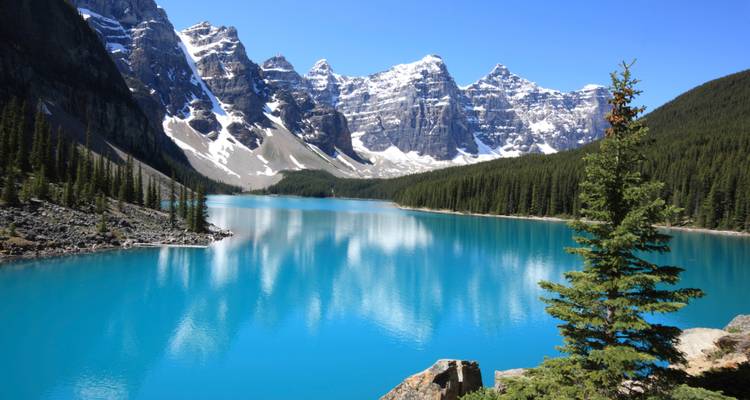Een adembenemend uitzicht op een turquoise meer met rotsachtige bergen en dennenbomen.