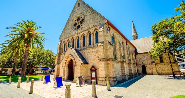 Historische kerk met een palmboom ervoor.