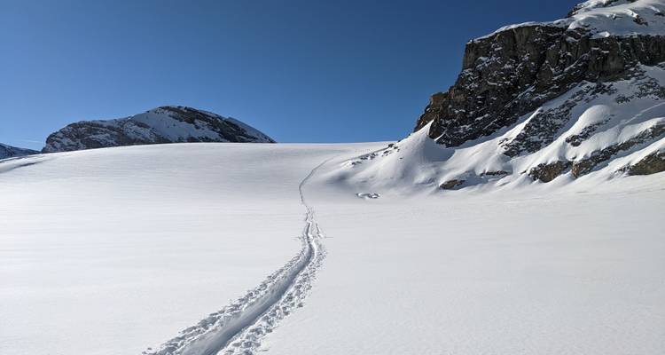 Enkel skispoor dat over een uitgestrekt ongerept sneeuwveld naar rotsachtige pieken onder blauwe hemel loopt.