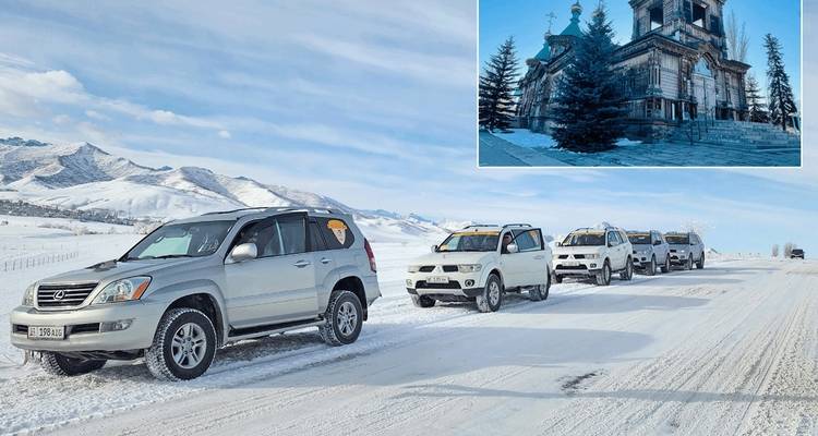 Convoy of vehicles in a snowy landscape, with a church inset.