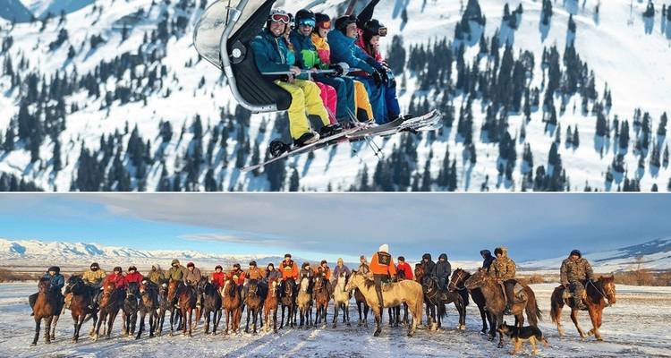 People skiing and horse-riding in a snowy landscape.