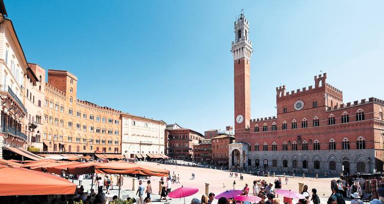 Vue panoramique de la Piazza del Campo de Sienne avec la haute Torre del Mangia dominant la place médiévale remplie de touristes.