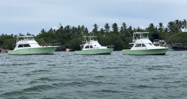 Drie boten voor anker in een kalme zee onder bewolkte luchten.