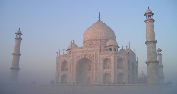 Taj Mahal shrouded in morning mist.