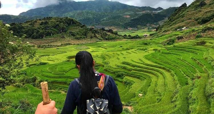 Persoon die staat op een schilderachtig uitkijkpunt met uitzicht op levendige groene rijstterrassen.
