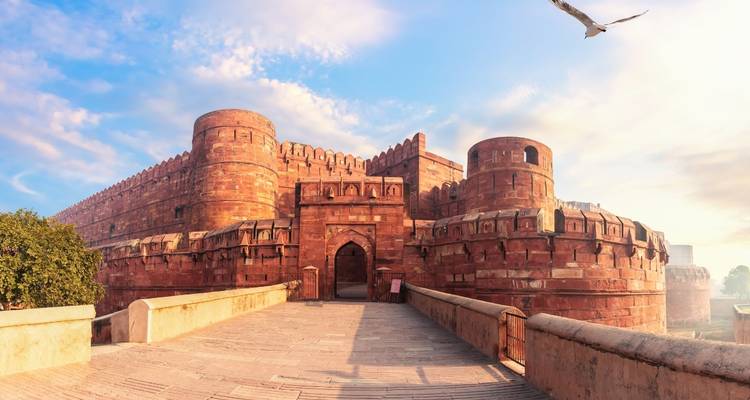 Majestueus uitzicht op de ingang van het Agra Fort onder een heldere hemel.