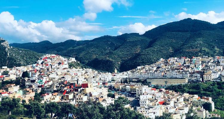 Luchtfoto van een witte stad met groene heuvels.