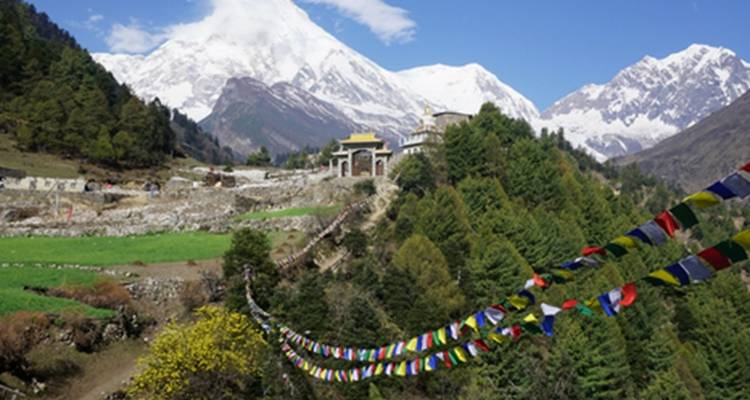 Gebetsfahnen über einer üppig grünen Berglandschaft mit Schneekuppen.