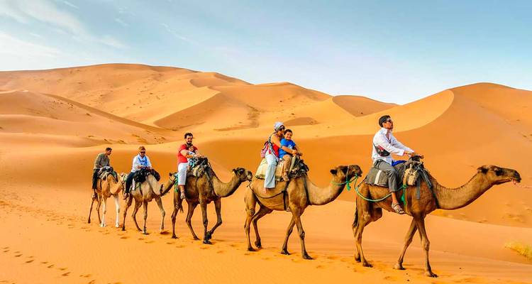 Rij van toeristen op kamelen over rollende oranje duinen onder een heldere hemel.