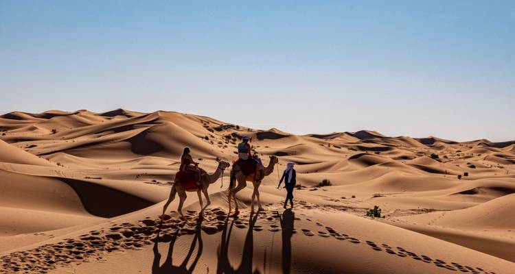 Kleine kamelekaravaan die over enorme golvende duinen trekt en lange schaduwen werpt in de late namiddag.