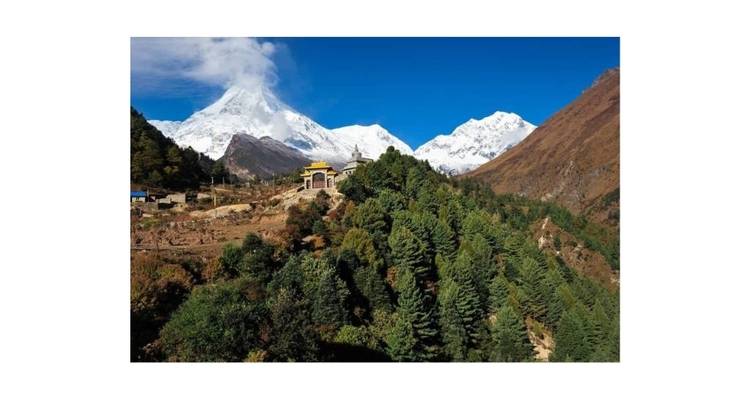 Un paysage pittoresque de sommets enneigés et de forêts verdoyantes.