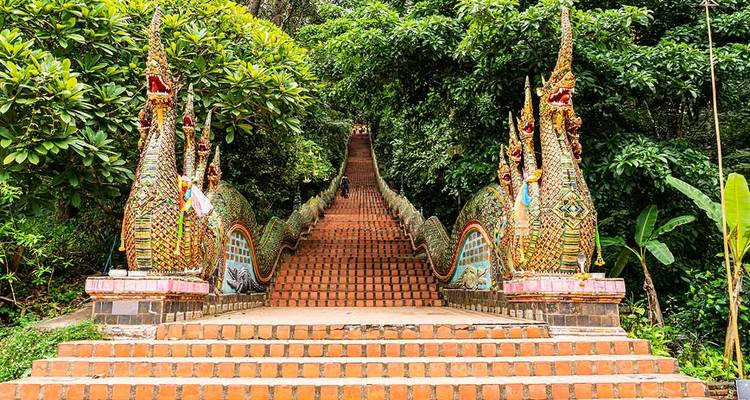Escalera ornamentada flanqueada por Nagas que sube a través de la densa selva hacia Wat Doi Suthep cerca de Chiang Mai.