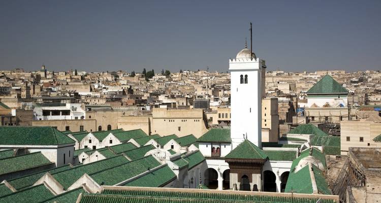 Oud stadslandschap met een moskee en groene dakpannen.