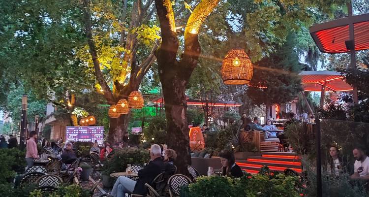 Außenterrasse mit Gästen, die unter Bäumen mit Lichterdekoration speisen.