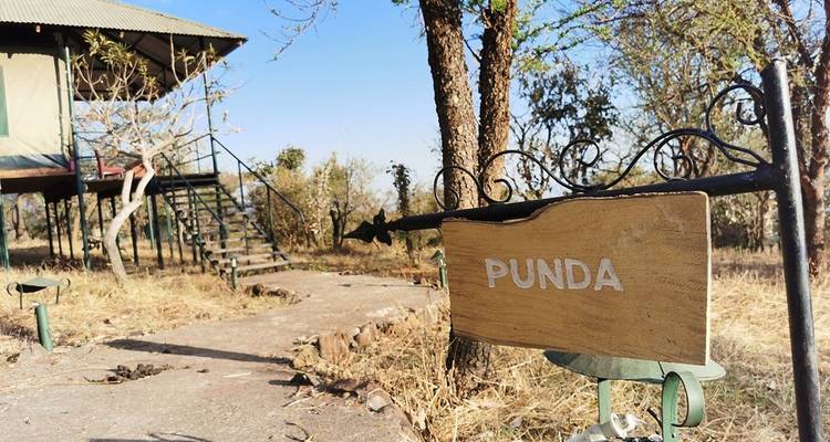 Panneau en bois avec 'Punda' menant à une tente surélevée sur pilotis.