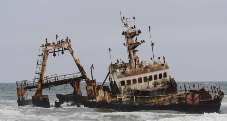 Barco naufragado en la Costa de los Esqueletos con pájaros posados sobre él.