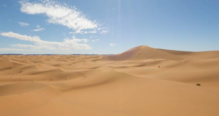 Uitgestrekte gouden zandduinen onder een heldere blauwe hemel met verspreide witte wolken