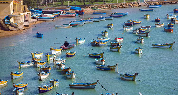 Decenas de coloridos barcos pesqueros se mecen en un puerto protegido con orilla arenosa y ribera cubierta de hierba.