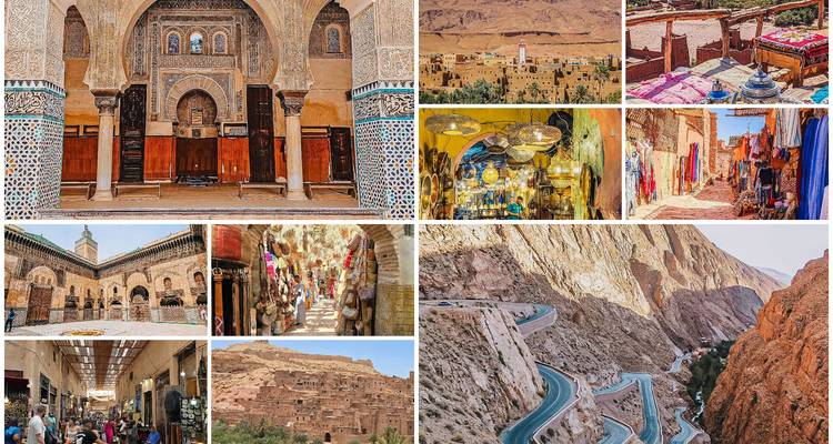 Collage de atracciones marroquíes que incluye mezquitas ornamentadas, zocos, pueblos del desierto y carreteras serpenteantes de montaña.