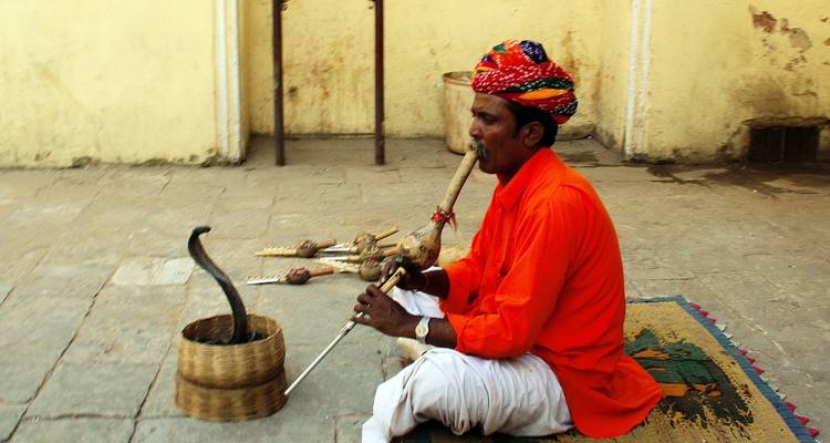 Snake charmer playing instrument with a cobra in a basket.