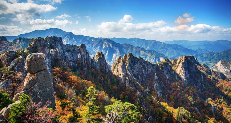 Picos de granito dentados y dramáticos cubiertos de un bosque otoñal vibrante que se extiende a lo largo de una cordillera