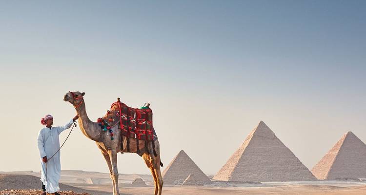 Een man met een kameel voor de Piramides van Gizeh.
