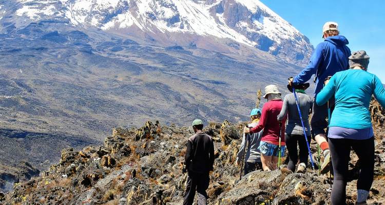 Groupe de trekking marchant le long d'une crête rocheuse avec le Mont Kilimandjaro aux sommets enneigés se dressant à l'arrière-plan.