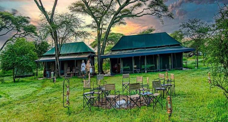 Safarikamp met tenten en ondergaande zon op de achtergrond.