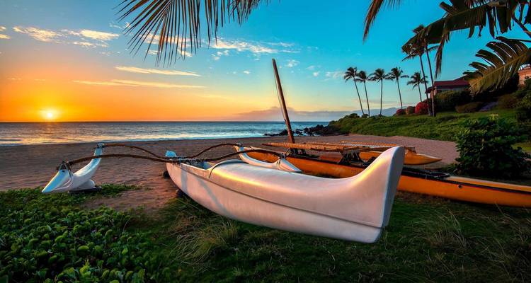 Kanus an einem Strand bei Sonnenuntergang mit Palmen und Meerblick in Hawaii.