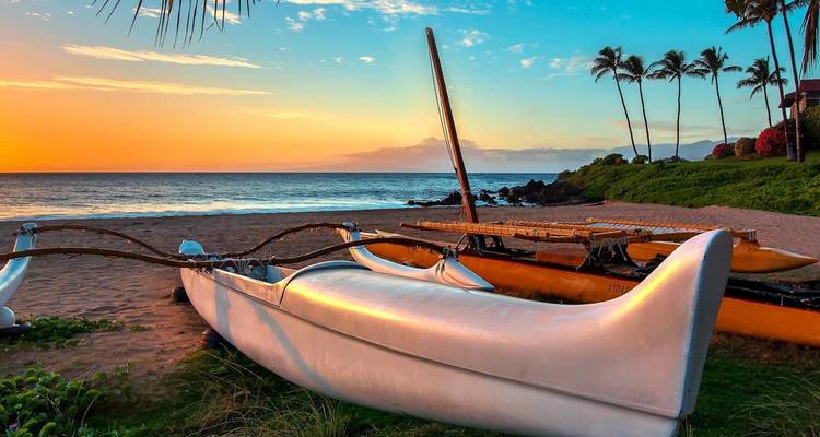 Las canoas tradicionales con estabilizadores descansan en una playa hawaiana bajo una puesta de sol vívida con palmeras en silueta.