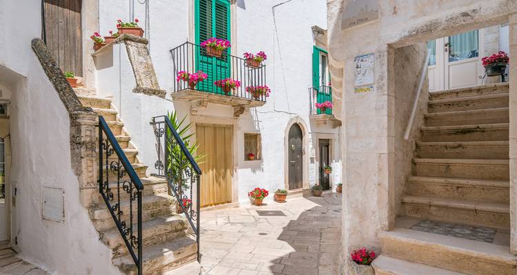 A white-walled courtyard with vibrant flower pots and old stone steps.