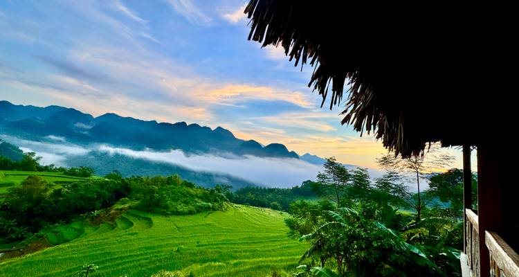 Rizières en terrasses avec une chaîne de montagnes en arrière-plan au lever du soleil.