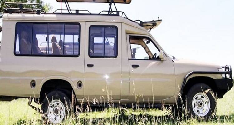 Vehículo de safari en un campo de hierba.