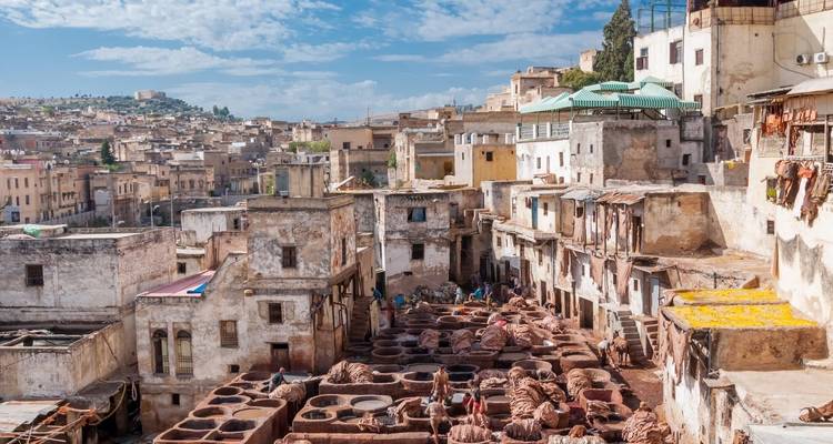 Overview of a traditional tannery with workers and colorful vats.