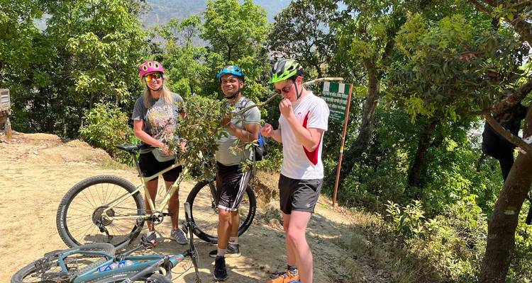 Drie fietsers die staan met mountainbikes in een bos.