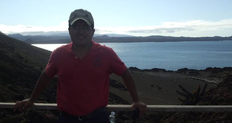 Personne prenant la pose à un point de vue avec l'océan et une île en arrière-plan.