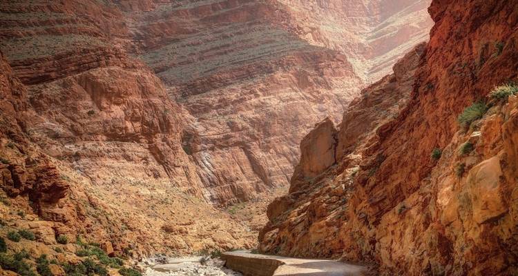 Todra-Schlucht mit hoch aufragenden roten Felswänden und einem schmalen Pfad.