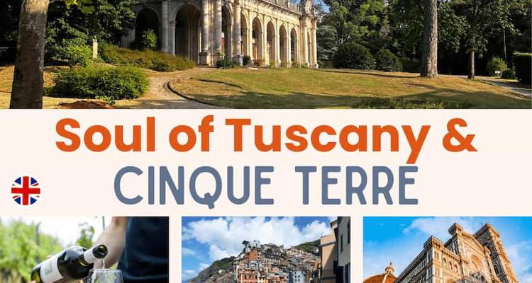 Paisaje toscano y collage de Cinque Terre con superposición de texto.