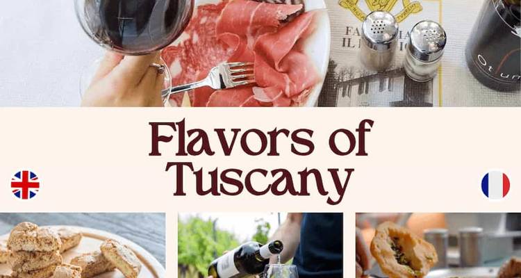 Toscane eten en wijn collage met tekstoverlay.