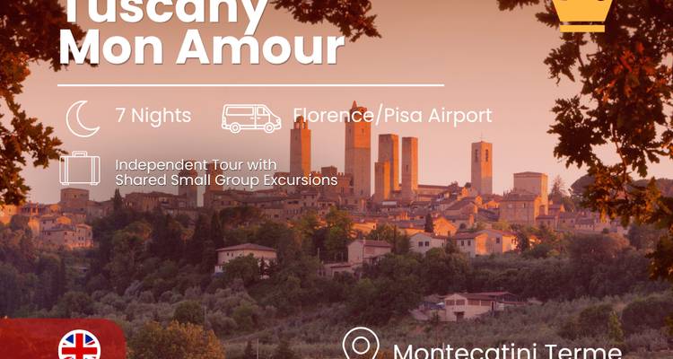 Bannière marketing présentant la silhouette d'une petite ville toscane avec superposition des détails de la visite.