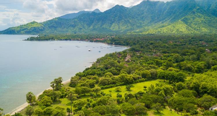 Lush green landscape with mountains and coastline.