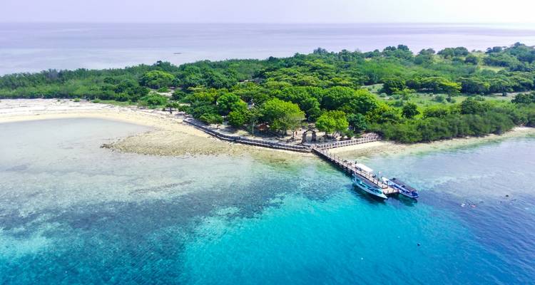 Aerial view of a tropical island and clear blue waters.