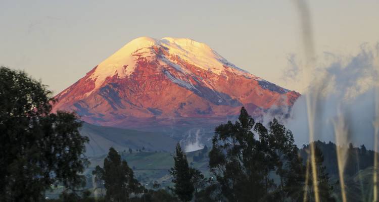 Die schneebedeckte Kuppe des Chimborazo-Vulkans leuchtet im Licht der frühen Morgenröte rosa über den sanft gewellten Hügeln der Anden.