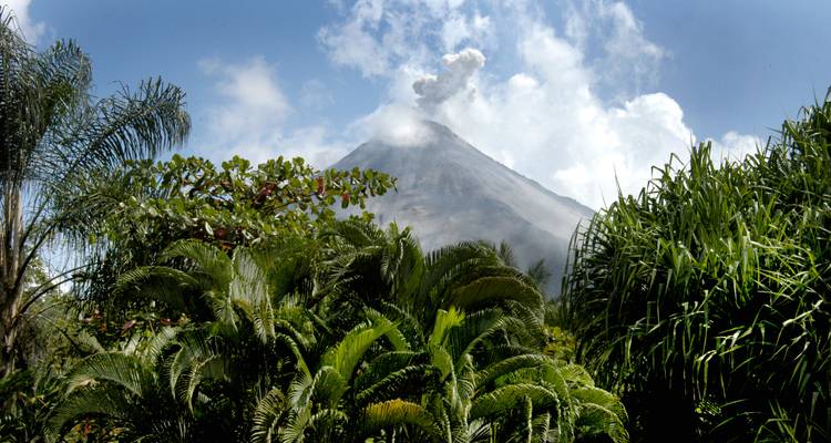 Le volcan Arenal actif émet un panache au-dessus d'une dense végétation tropicale sous un ciel bleu.