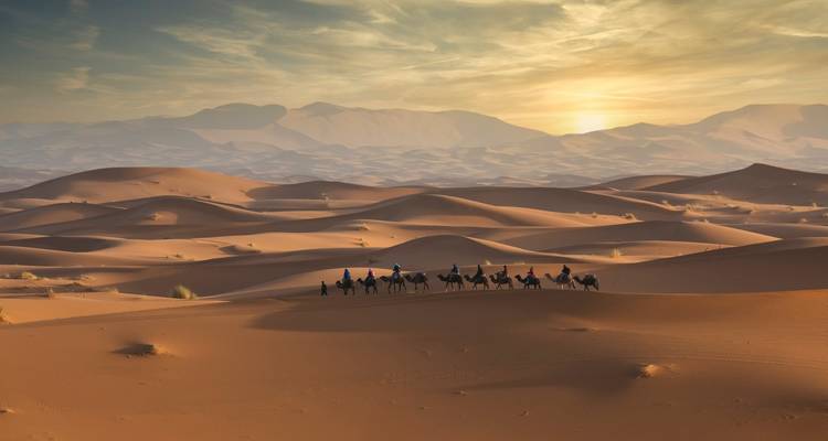 Paysage désertique au coucher du soleil avec des silhouettes de chameaux et de personnes.