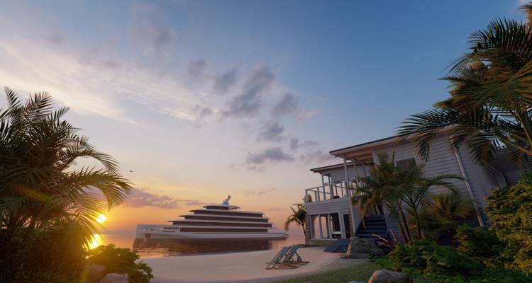 Modern cruiseschip aangemeerd bij een tropisch strand tijdens zonsondergang.
