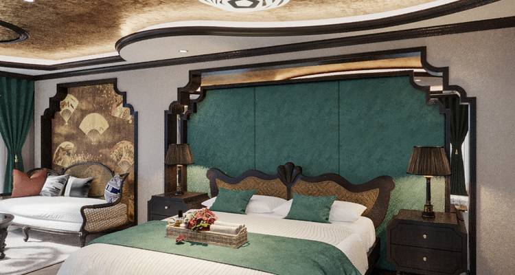 Luxueus hotelkamer interieur met elegante decoratie.