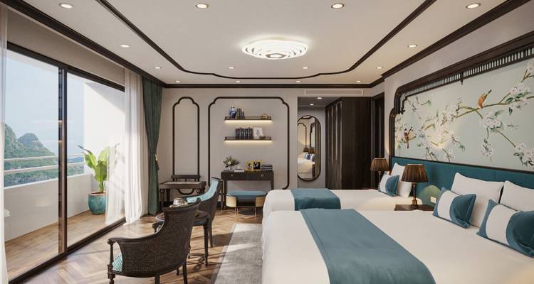 Ruime hotelkamer met twee eenpersoonsbedden en een balkon met uitzicht.