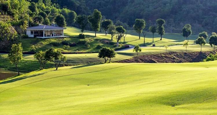 Rustige golfbaan met zachte heuvels en bomen bij zonsondergang.